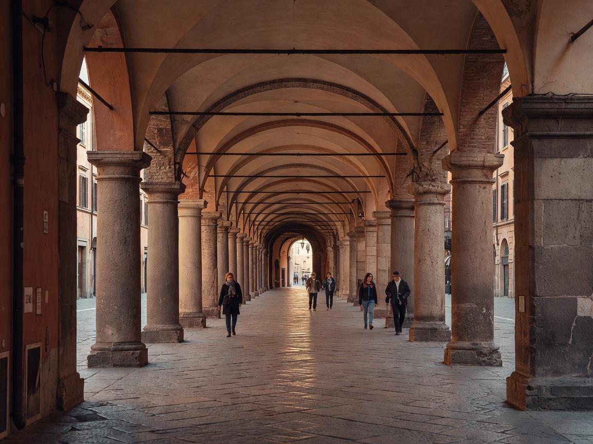 Covered pedestrian walkway beneath Bologna's historic porticoes