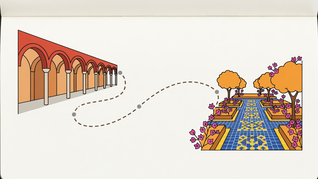 Flat-vector travel notebook joining Bologna porticoes and Valencia gardens with simple day-by-day route markers
