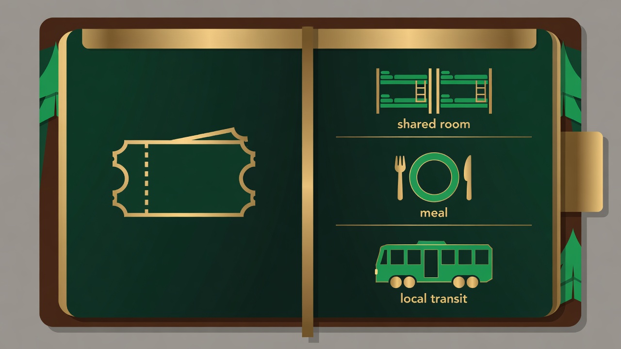Flat-vector travel ledger showing a railway ticket, shared room, meal and local transit in forest and brass
