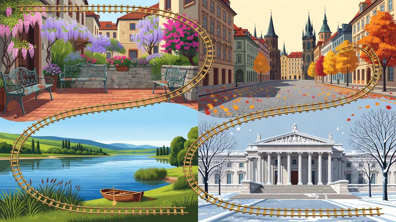 Flat-vector seasonal atlas joining a spring courtyard, summer river, autumn city and winter museum by a brass rail line