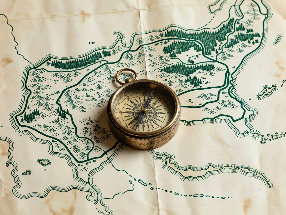 Illustrated brass compass over a parchment atlas with forest-green rail routes and coastal contours