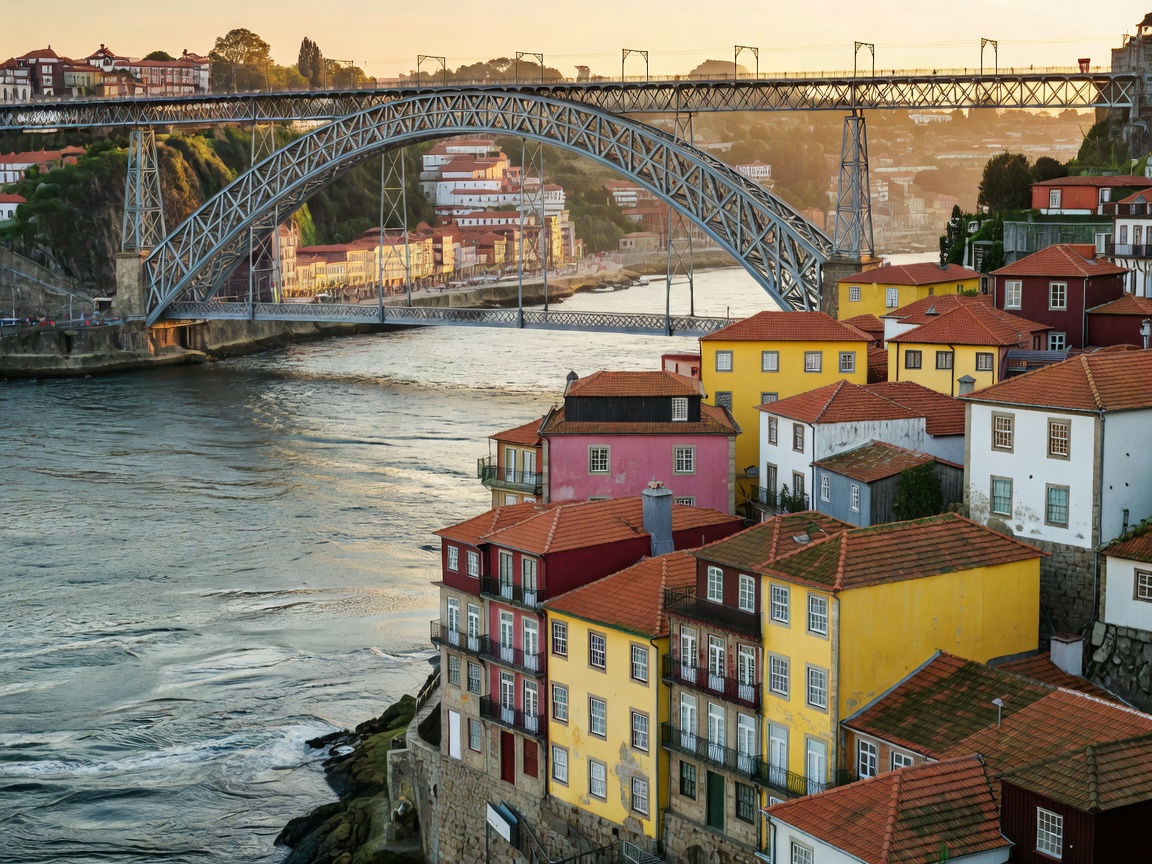 Dom Luís I Bridge over the Douro in Porto with steeply layered riverside buildings