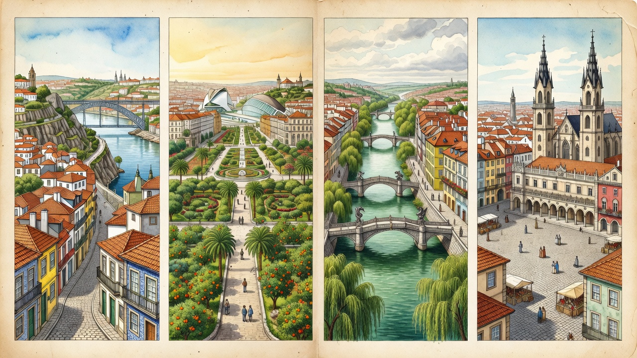 Four illustrated city profiles showing Porto hills, Valencia gardens, Ljubljana bridges and Kraków's old-town square