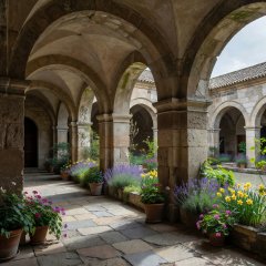 Stone arches and planting inside a Seville courtyard, showing shaded areas for a spring visit
