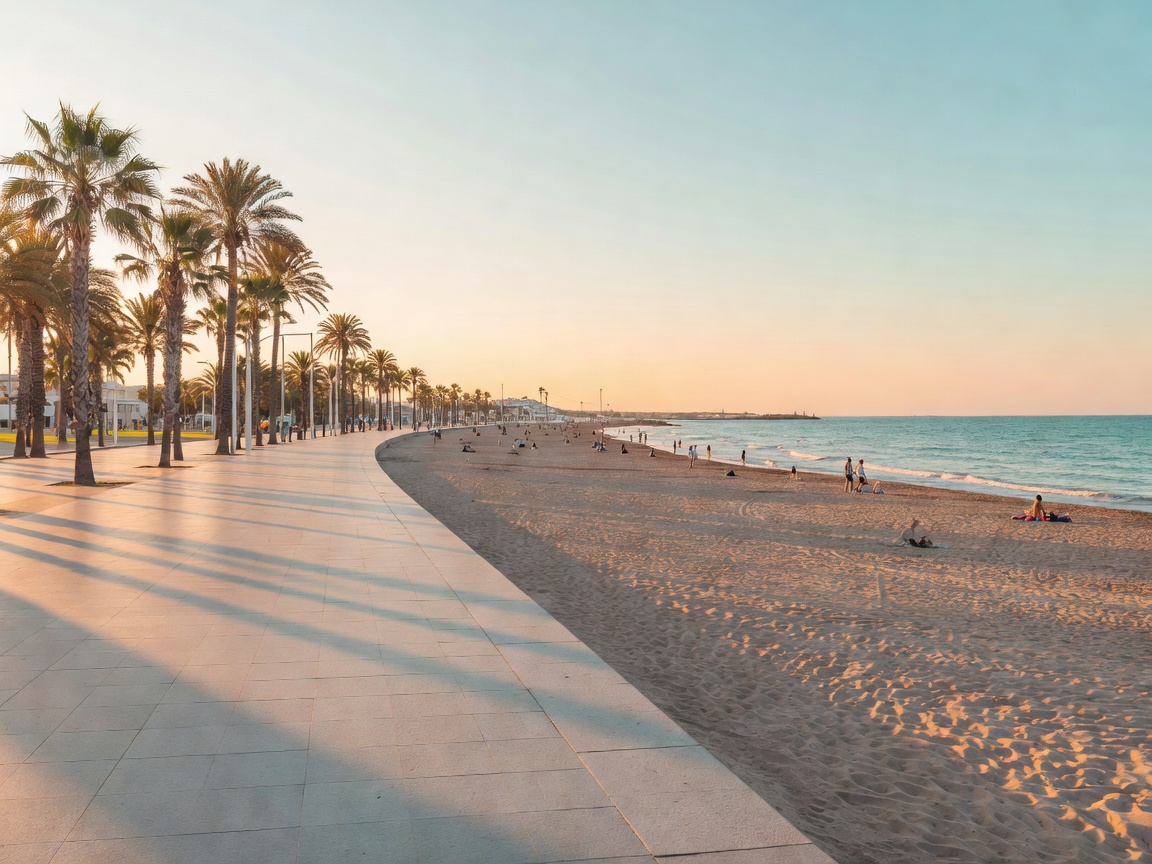 Wide coastal promenade beside Valencia's sandy beach