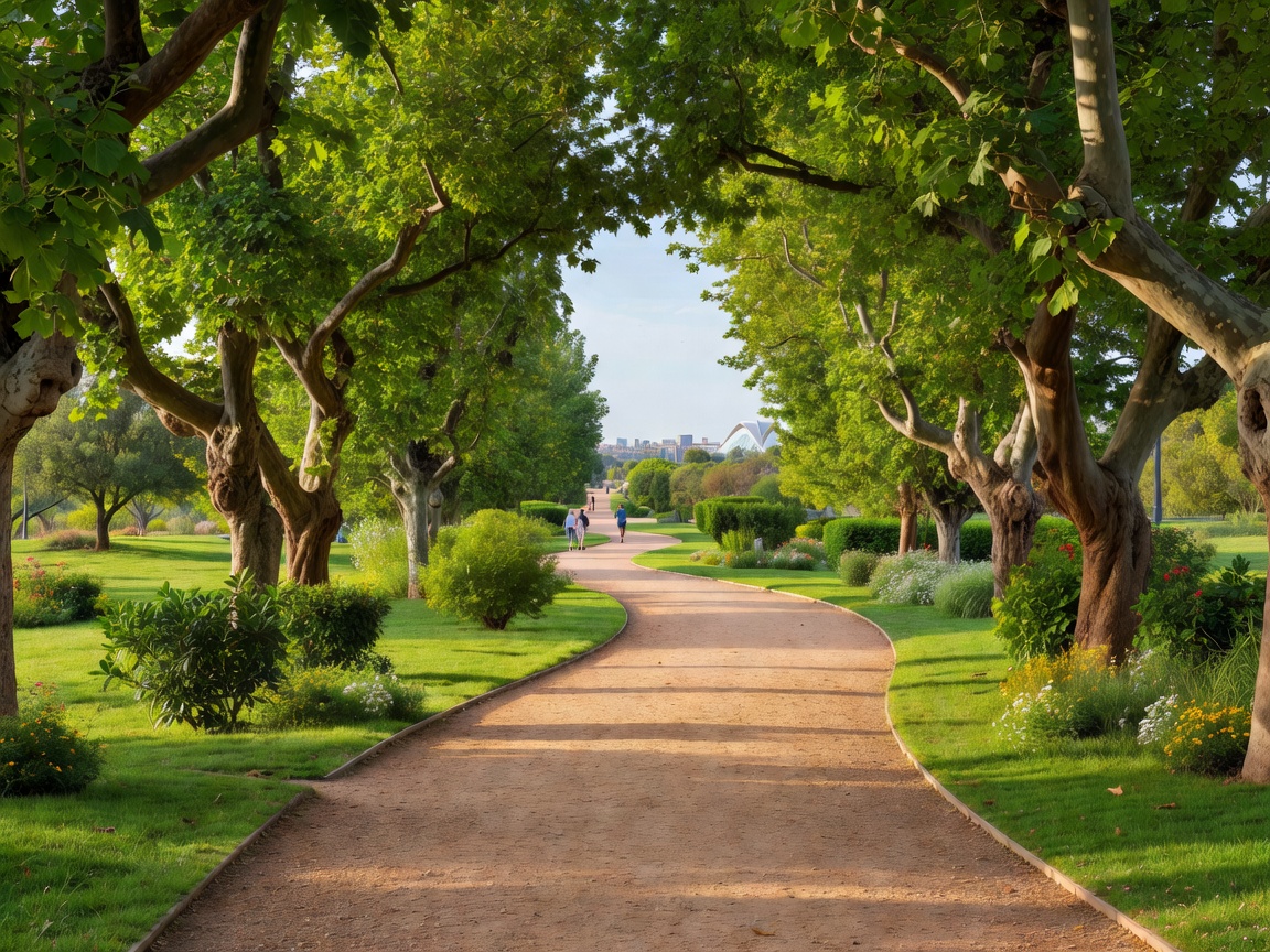 Tree-lined walking route through Valencia's Turia Gardens